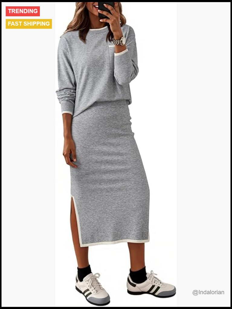 2 Piece Sweater Skirt Set Knitted Winter Travel Outfit Long Sleeve